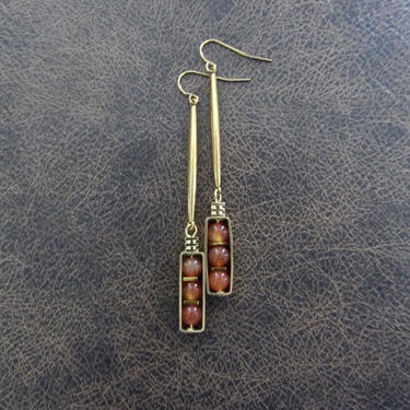 Minimalist earrings, brass mid century earrings, statement brutalist earrings, geometric earrings, simple dangle earrings, orange agate 