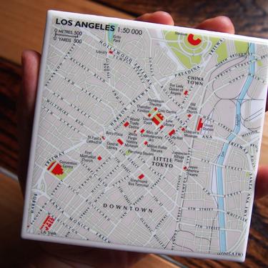 2003 Downtown Los Angeles California Map Coaster - Ceramic Tile - Repurposed 2000s Collins Atlas - Handmade 