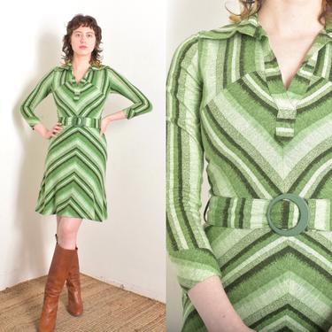 Vintage 1970s Dress / 70s Chevron Stripe Jersey Dress / Green ( XS S ) 