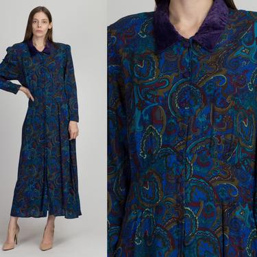 80s Grunge Paisley Maxi Shirtdress - 1X | Vintage Blue Velvet Collar Long Short Sleeve Button Up Secretary Dress 