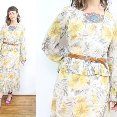 Vintage 70's Miss Elliette California Yellow Floral Spring Dress / 1970's Floral Dress / Women's Size Medium by Ru