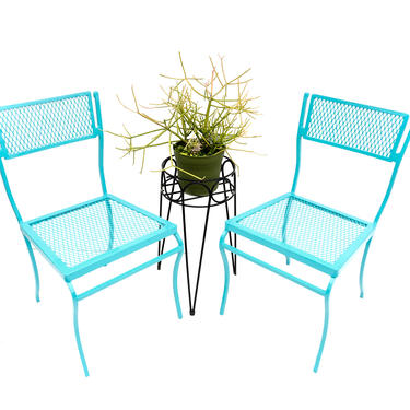 Pair of Mid-Century Salterini Turquoise Metal Garden Chairs | Perfect Size Iron Mesh Indoor/Outdoor Seating 