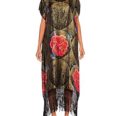 1920S Black Silk Gold Lamé Large Scale Floral Printed Cocktail Dress With Metallic Fringe 