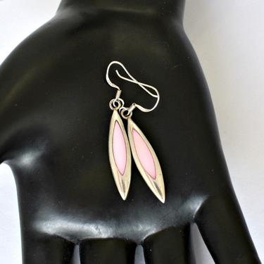60's sterling Mother of Pearl elongated pointed oval tropical hippie surfer dangles, simple mod pink MOP 925 silver beach boho earrings 