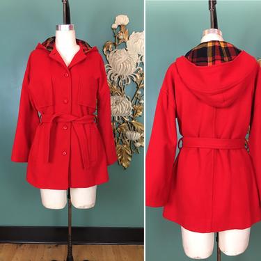 1970s hooded jacket, red wool coat, Pendleton knockabouts, vintage coat, plaid jacket, medium large, belted coat, mod, outdoor wear, 38 bust 