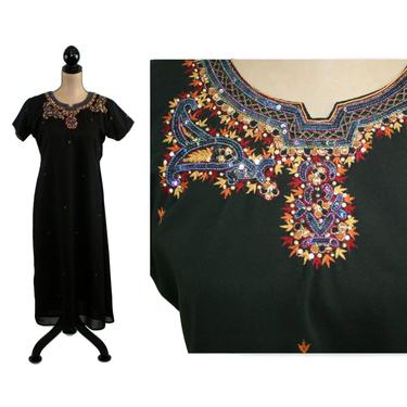 Beaded Embroidered Kurta, Black Chiffon Long Tunic Dress with Side Slits, Kaftan Caftan, Bohemian India Ethnic Clothing, Women Small Medium 