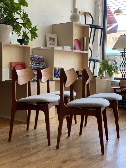 Set Of Four Danish Teak Dining Chairs, Norwegian Danish Tapered Dining Chairs