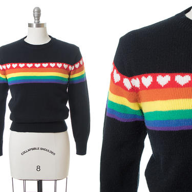 Vintage 1990s Sweater | 90s Hearts Rainbow Striped Black Knit Acrylic Pullover Sweater Top (small/medium) 
