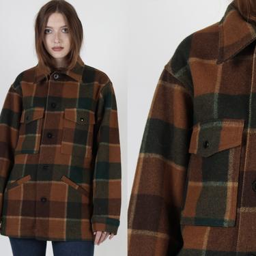 Vintage 60s Pendleton Hunting Jacket / Brown Shadow Plaid Mackinaw Coat / Snap Up Chore Clothing / Tartan Plaid Wool Coat Mens Size M 