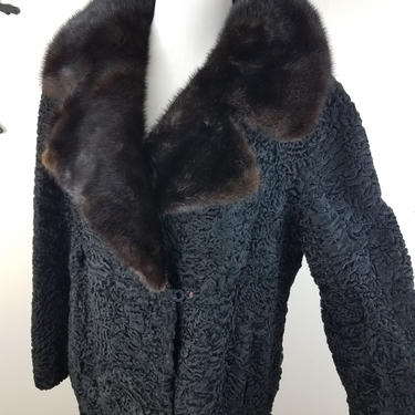 Vintage 1950's Lambs Wool Coat / 60s Black Fur Jacket M 
