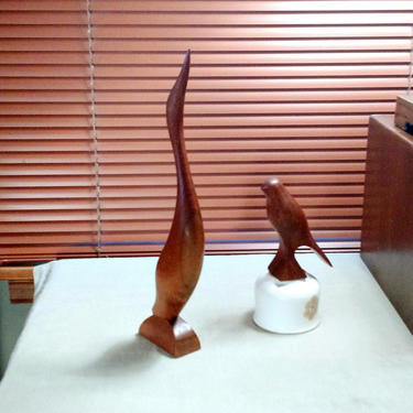 2 HAP 70s Wood Carvings IBIS and BIRD Hand Carved Walnut Sculpture Harald A Petersen Minnesota Carver Signed Danish Mid Century Modern ExC 