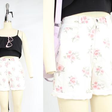 Vintage 90's White Denim Shorts with Pink Roses / 1990's High Waisted Floral Denim / Pockets / Bill Blass / Women's Size Small / 26&amp;quot; Waist 