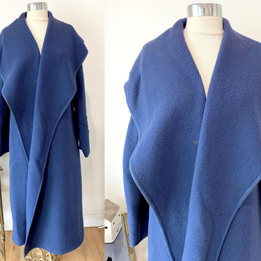 1980s Calvin Klein Blue Wool Coat / Vintage Oversized Felted Wool Coat w Large Collar / One Size Fits Most Small Medium Large XL 