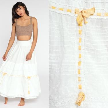 White Peasant Skirt 80s Cottagecore Tiered Skirt Floral Embroidered Hippie Maxi 1980s Boho Cotton Bohemian Vintage Extra Small xxs 2xs 22 