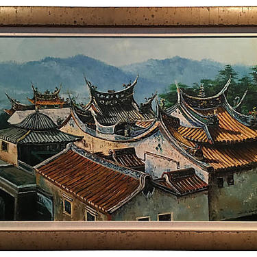Original Oil On Canvas Pagoda Rooftop Landscape,  Vintage Art 