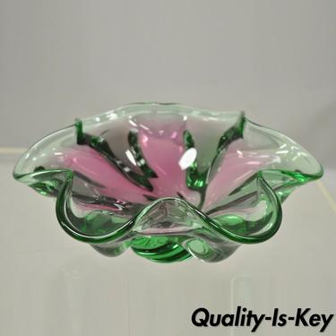 Vintage Murano Art Glass 11" Pink Green Watermelon Ruffle Bowl Dish