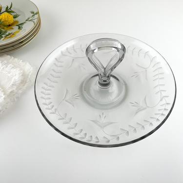 Vintage Clear Glass Dessert Plate with Handle, Round Floral Etched Glass Appetizer Tray with Center Handle, Etched Floral Plate 