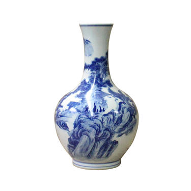 Chinese Blue White Porcelain Oriental Scenery Graphic Vase cs3600E 