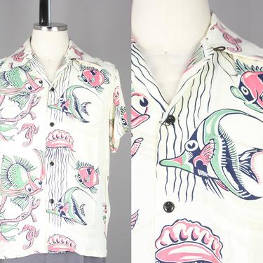 Groovin High · 1950s Style Gaucho Shirt · Vintage 40s 50s Inspired Long Sleeved Shirt with Silk Screened Mermaid Print · Large