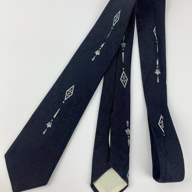 1950's-60'S Black Jacquard Tie - w/Silvery White Fleur-de-lis Pattern - Quality SILK 