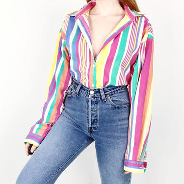 70's Spring Rainbow Colorful Striped Button Up Oxford Blouse Top Shirt // Women's size Medium M 