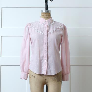 vintage 1970s 80s pink western shirt • womens ruffles & lace tiny floral print blouse • long puff sleeves and pearlized snaps 