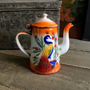 French Enamel Coffee Pot, Peacock, Vibrant Colors, French Farmhouse Decor 