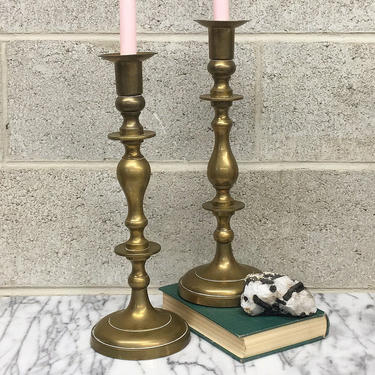 Vintage Candlestick Holders Retro 1980s Gold Brass Metal + 15 Inch Tall Stands + Set of 2 Matching + Candle Holders + Home Decor + Lighting 