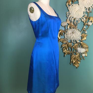 1990s sheath, vintage 90s dress, electric blue, sharkskin silk, size medium, 36 38 bust, Paula hien, classic shift, sleeveless dress, 30 