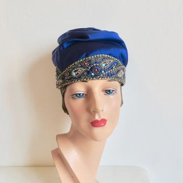 Vintage 1950's Cobalt Blue Silk Satin Turban Hat with Beads and Jewels Trim Evening Cocktail Party 50's Millinery Howard Hodge 
