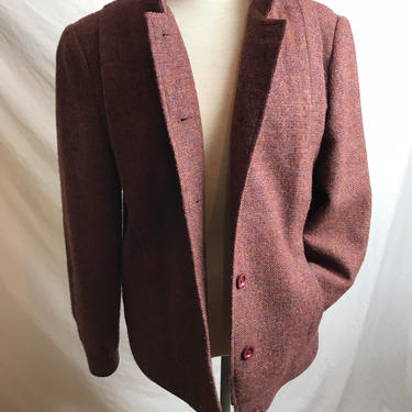 Vintage 80’s Mauve earthy plum wool coat~ nubby colorful woven textile jacket~ blazer~ Nehru collar~ Scottish wool~ size LG 