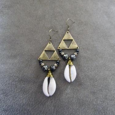 Cowrie shell earrings, antique bronze earrings, African Afrocentric earrings, beaded chandelier earrings, seashell boho chic earrings 