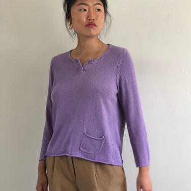 90s silk sweater / vintage silk + linen pastel lilac lavender boxy henley rolled hem pocket sweater | L 