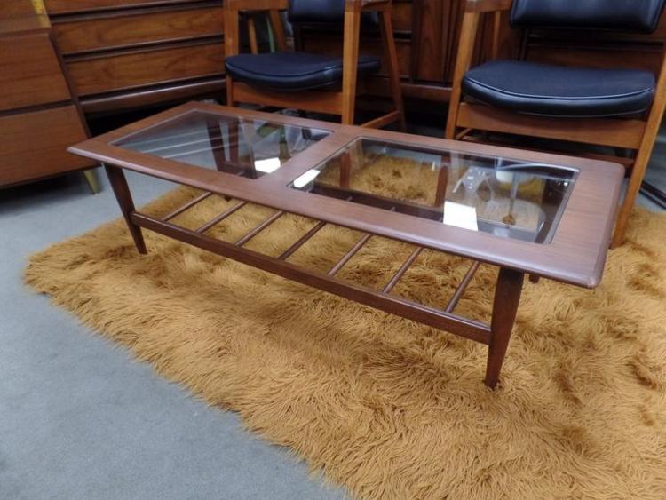 Mid-Century Modern walnut coffee table with glass inserts
