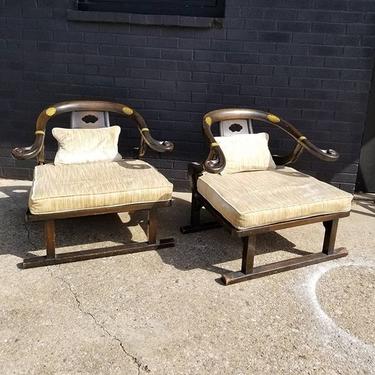 Pair of Mid Century Chinese style chairs 14" cushion to floor, 31" wide, 25 " deep. 