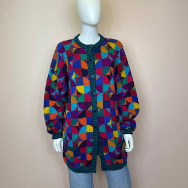 Vtg 1980s rainbow op art colorblock cardigan sweater M/L 