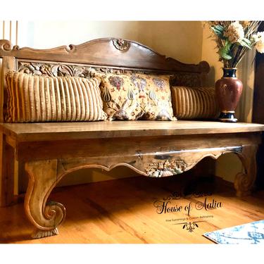Hand Carved Teak Bench. Ornate Entryway Pew. Wood Loveseat Settee. Rococo Bedroom Bench. Living Room or Sitting Area Seating. 