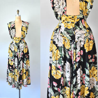 Raynette rayon pinafore dress, 80s floral jumper, vintage dresses, skirt romper, cottagecore high waisted skirt, plus size dress 