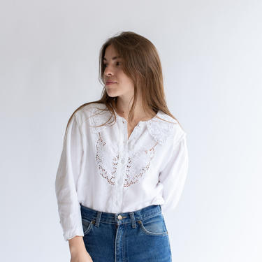 Vintage White Linen Floral Embroidery Shirt | Folk Blouse Shirt | 