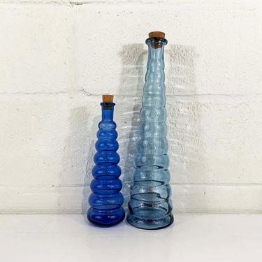Vintage Set of Vases Art Deco Style Glass Painted Accents Bud Geo Geometric Blue Royal Aqua Ribbed Boho Style Mid-Century Decanter Pair 