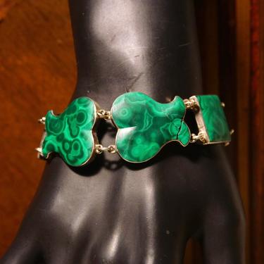 Antique Scottish Victorian Sterling Silver Malachite Link Bracelet With Heart Lock Charm, Ornate Geometric Links, Green Gemstones, 7 1/4” L 
