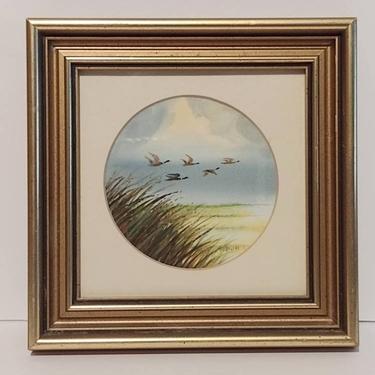 Vintage Signed P. Bull Watercolor Painting Flying Geese Miniature Bird Art Hunting Art Naturalist Art 7x7 