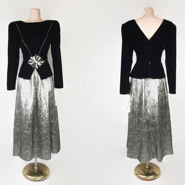 Vintage 80s Art Deco Black Velvet Sequin & Silver Metallic Party Dress NWT | 1980s does 1940s Peplum Cocktail Dress | Ricki Lang NUIT 12 NOS 