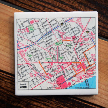 1990 Detroit Michigan Central Handmade Repurposed Vintage Map Coaster - Ceramic Tile - Repurposed 1990s State Farm Atlas - Motor City 