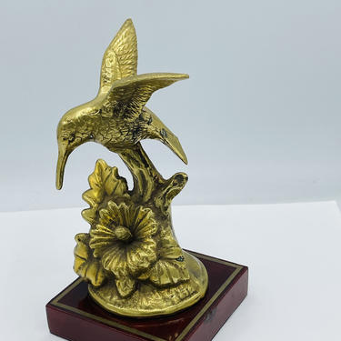 Vintage Brass Hummingbird Detailed Etching Figurine on Wood Base Made In Korea 