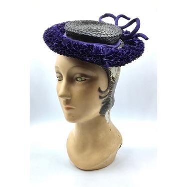 Vintage 1940s Navy Straw Tilt Hat, 40s Blue Mini Hat with Ruffles and Bow 
