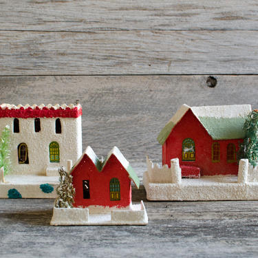 Vintage Cardboard Miniature Folk Village House Building Christmas Tree Set Decoration Holiday Winter Decor Set of 3 - Made in Japan 