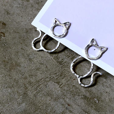 Cat Earrings ear jacket and stud earrings cat tail handmade sterling silver 