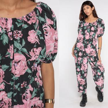 Floral Jumpsuit 80s Black Puff Sleeve Pantsuit Pink Rose Print Tapered Pants Vintage Romper 1990s High Waisted Short Sleeve One Piece Large 