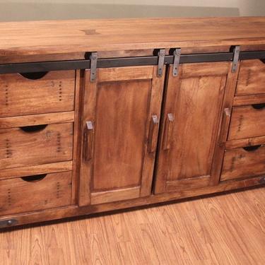 Outstanding Quality Rustic Solid Wood TV Stand Entertainment Console with sliding doors and drawers storage 
